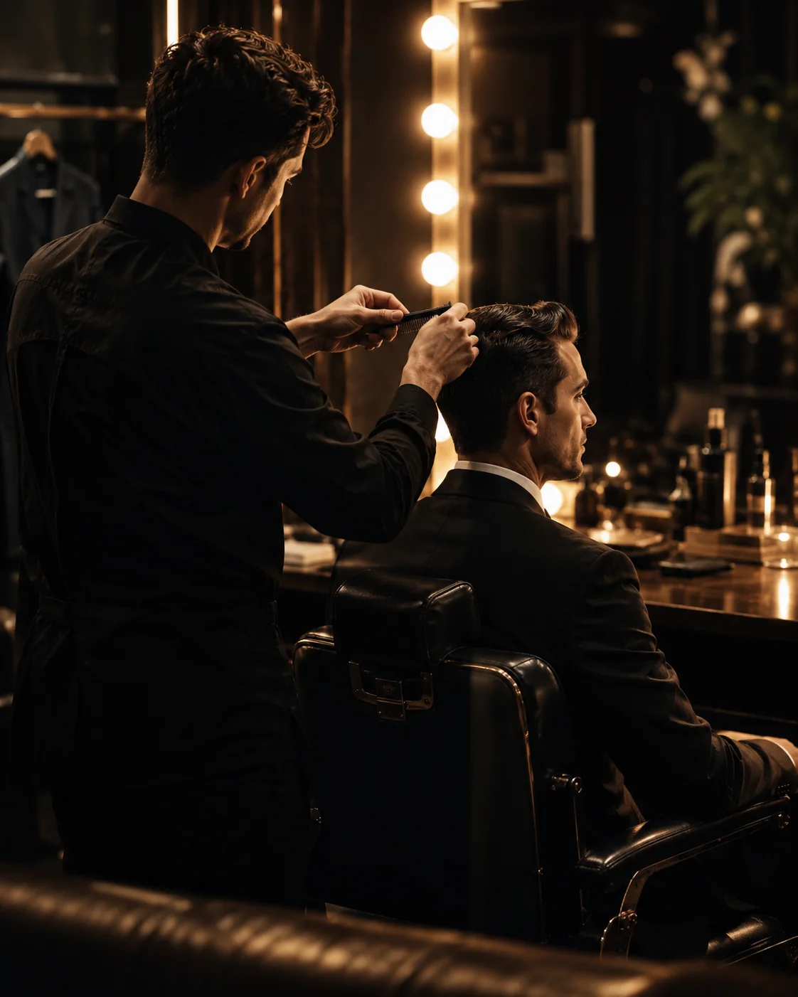 A stylist preparing a public figure in a backstage dressing room